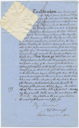 This document in hand written on blue lined paper. It has a wax seal in the top left corner which is covered by a small white paper square to protect it.