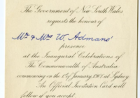 This invitation is approximatley a5 in size, yellow in colour and has both printed and hand written black ink. It has the seal of the commonwealth of australia printed at the top in blue and gold. The invitation is addressed to Admans.