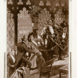This post card depicts Muriel Matters chaned to the Grille of the House of Commons in London. Muriel is being ushers out by male poltiicans in suits. It is a copy on an illustrated picture and is displayed here in sepia tones.
