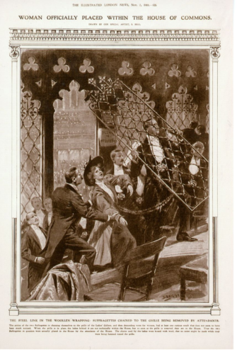 This post card depicts Muriel Matters chaned to the Grille of the House of Commons in London. Muriel is being ushers out by male poltiicans in suits. It is a copy on an illustrated picture and is displayed here in sepia tones.