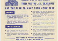 This how to vote card has a small thumbnail photograph on Tom Playford in the top left corner. Tom is aged about 50 years old here and has thinning hair. The photo is taken from his shoulders up. The rest of the document lists LCL party promises in a deep blue text. The pamphlet has aged as in yellow in colour.