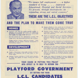 This how to vote card has a small thumbnail photograph on Tom Playford in the top left corner. Tom is aged about 50 years old here and has thinning hair. The photo is taken from his shoulders up. The rest of the document lists LCL party promises in a deep blue text. The pamphlet has aged as in yellow in colour.