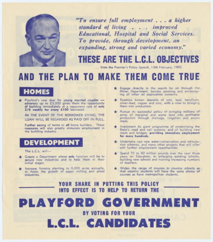 This how to vote card has a small thumbnail photograph on Tom Playford in the top left corner. Tom is aged about 50 years old here and has thinning hair. The photo is taken from his shoulders up. The rest of the document lists LCL party promises in a deep blue text. The pamphlet has aged as in yellow in colour.