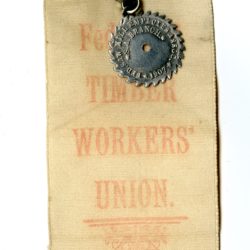 An off white, almost yellow, fabric ribbon in a long vertical rectangle with a small metal disk with spiked edged pinned to the top centre. The ribbon read, in red text, Federated Timber Workers Union.