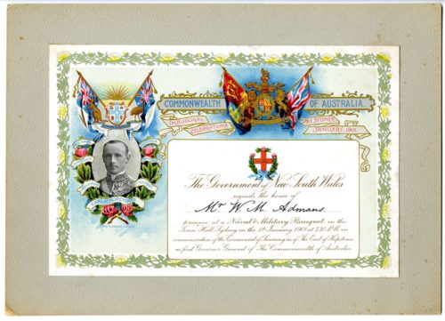 A landscape invitation. THere is a portrait of a man in gey to the left surrounded by coloured depciticons of australian landscape. There are flags above his head.